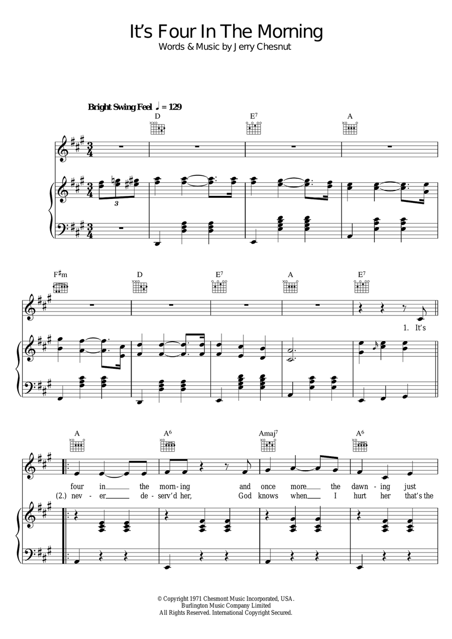 It's Four In The Morning Piano, Vocal scores gallery preview page 1