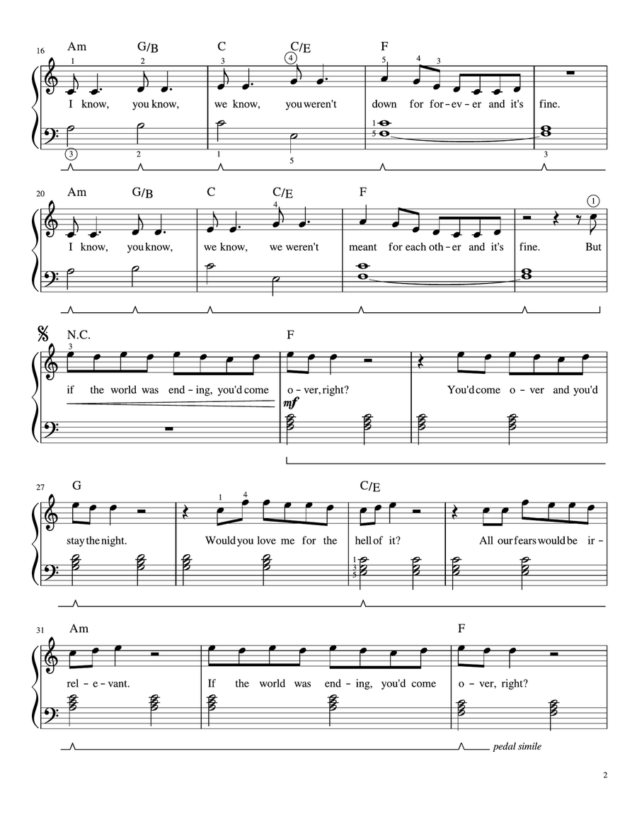 If The World Was Ending Easy Piano scores gallery preview page 2