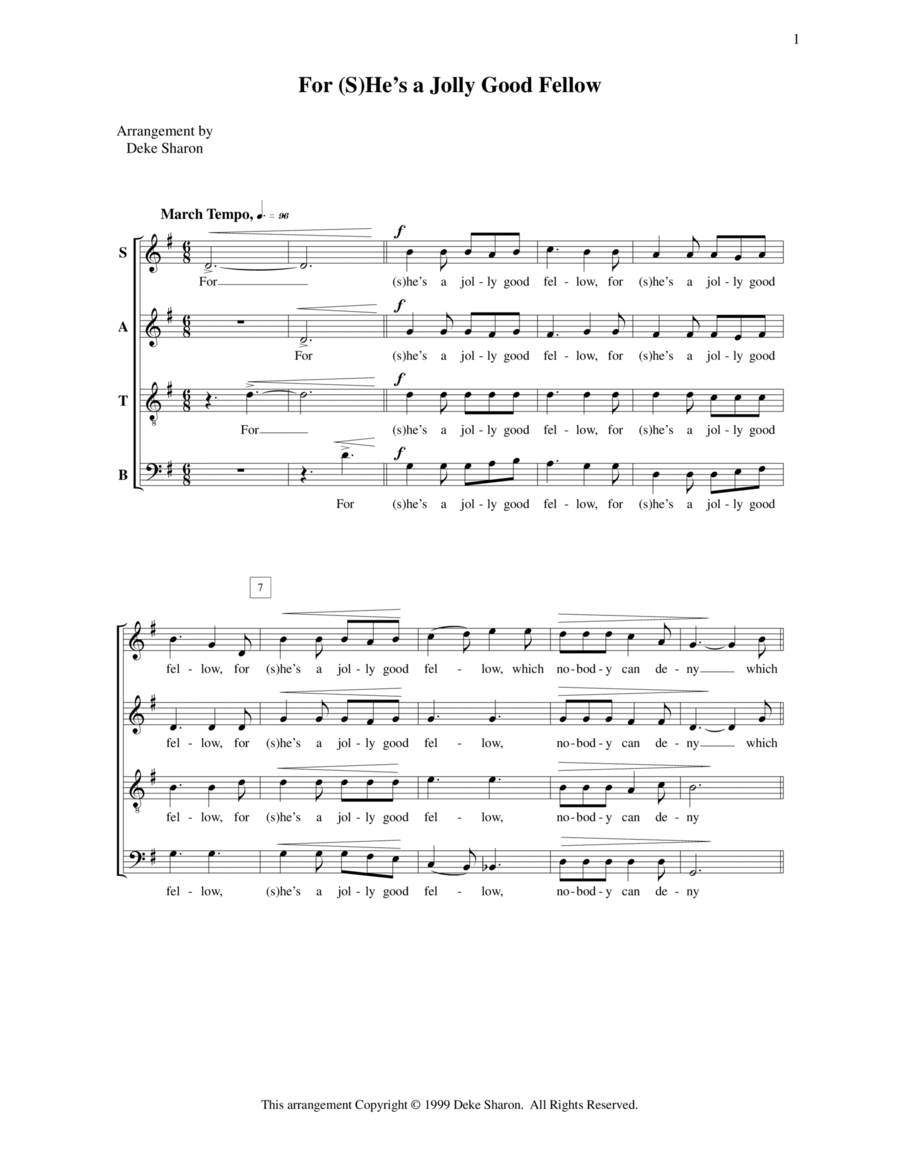 For (S)He's a Jolly Good Fellow 4-Part scores gallery preview page 1