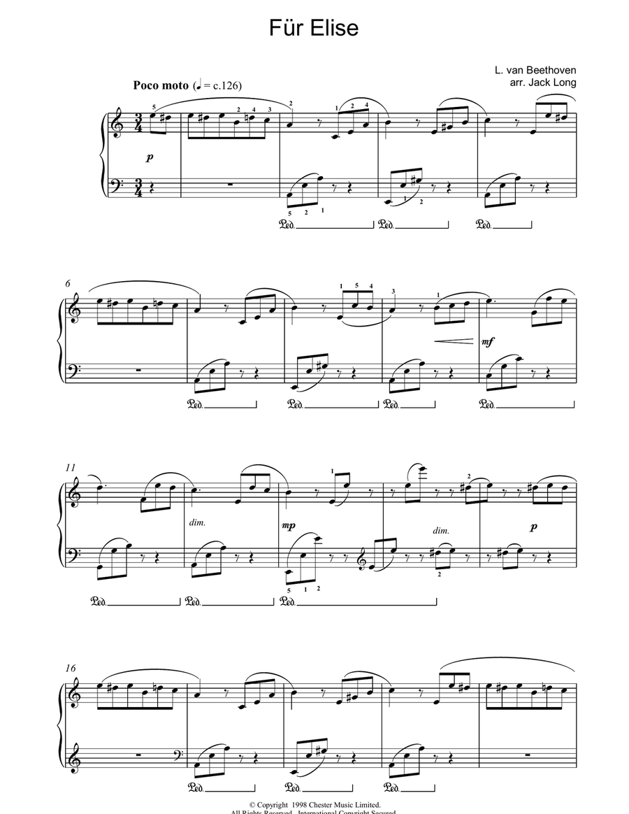 Fur Elise (arr. Jack Long) Piano Solo scores gallery preview page 1