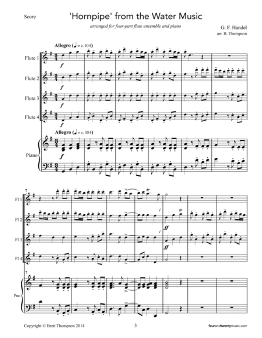 'Hornpipe' from the Water Music, arranged for four flutes and piano Small Ensemble scores gallery preview page 3