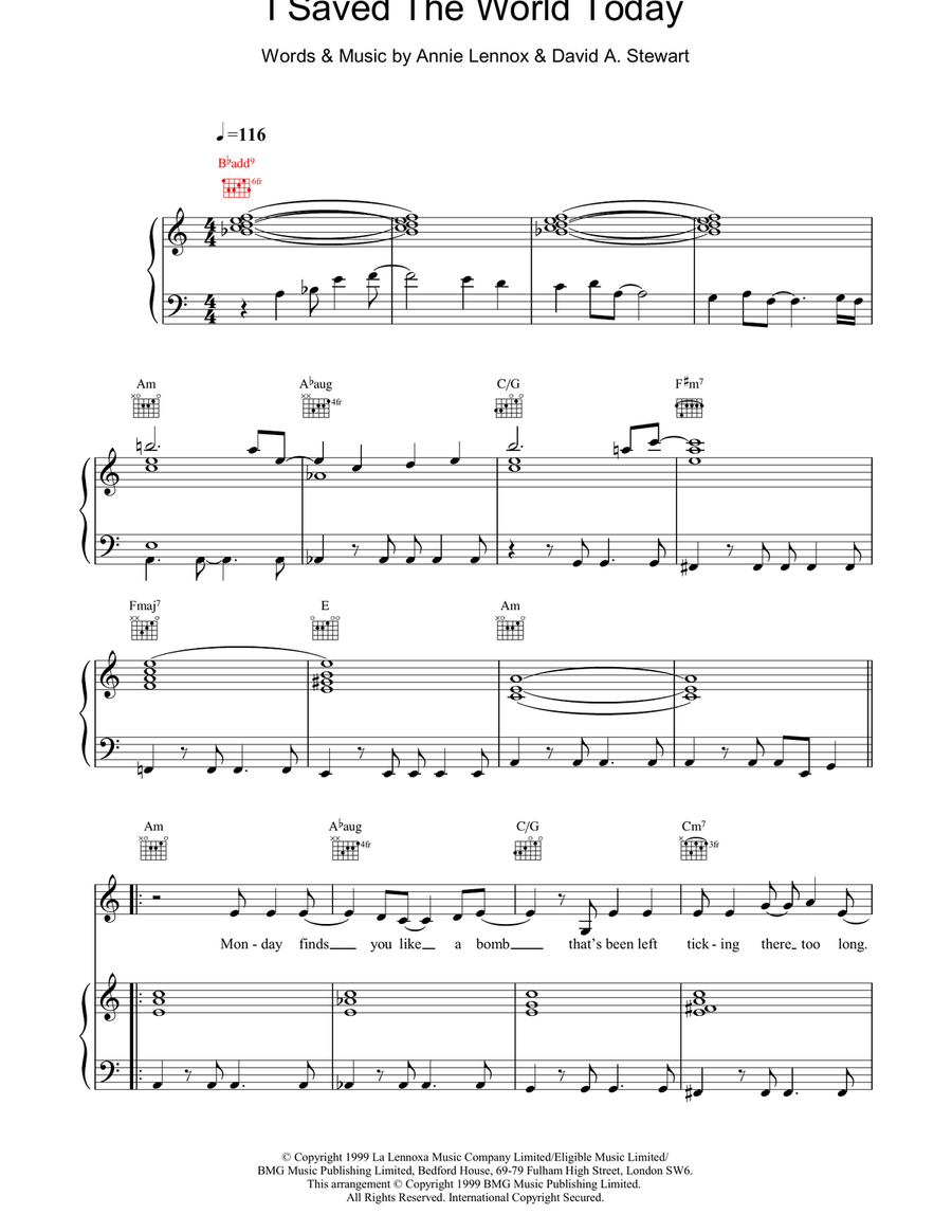 I Saved The World Today Piano, Vocal, Guitar scores gallery preview page 1