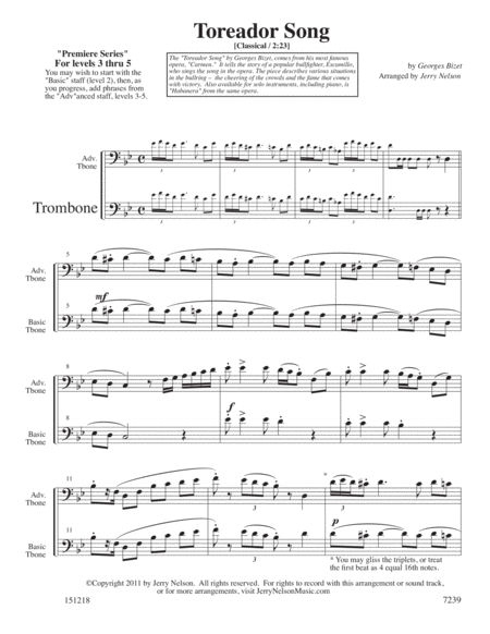The Toreador Song - Bizet (Arrangements Level 3-5 for TROMBONE + Written Acc) image number null