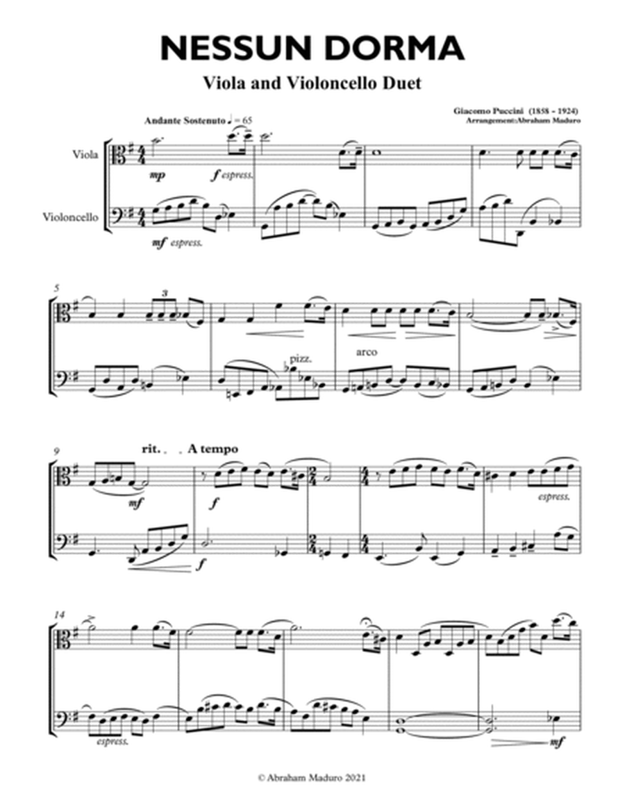 Nessun Dorma Viola and Cello Duet-Score and Parts image number null