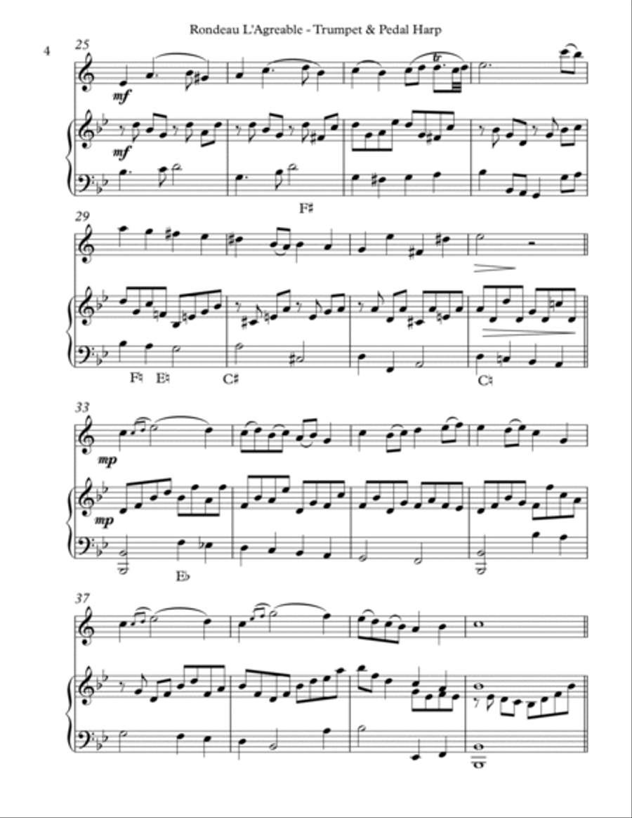 Rondeau L’Agreable, Duet for Bb Trumpet & Pedal Harp Trumpet Duet scores gallery preview page 4