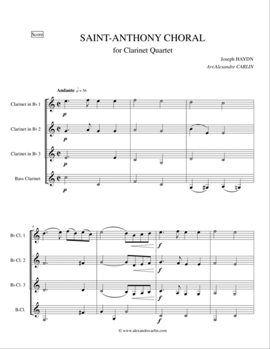 Saint-Anthony Choral by Haydn - arranged for Clarinet Quartet image number null