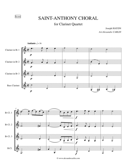Saint-Anthony Choral by Haydn - arranged for Clarinet Quartet image number null