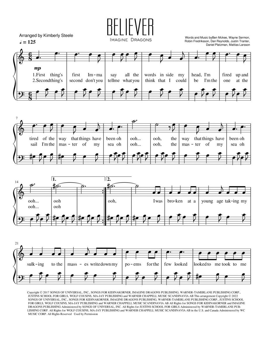 Believer Believer Easy Piano scores gallery preview page 1