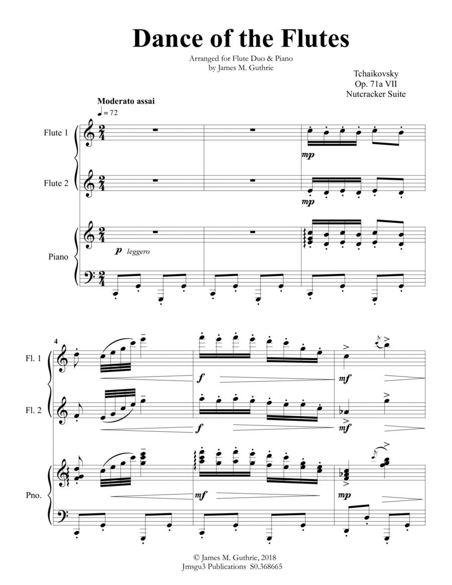 Tchaikovsky: Dance of the Flutes from Nutcracker Suite for Flute Duo & Piano Flute Duet scores gallery preview page 1