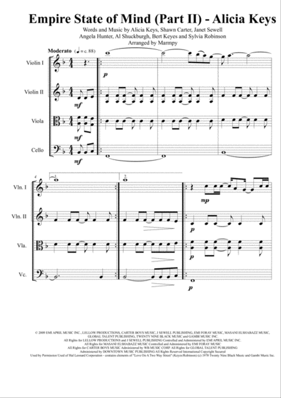 Empire State Of Mind (Part II) Broken Down String Quartet scores gallery preview page 1