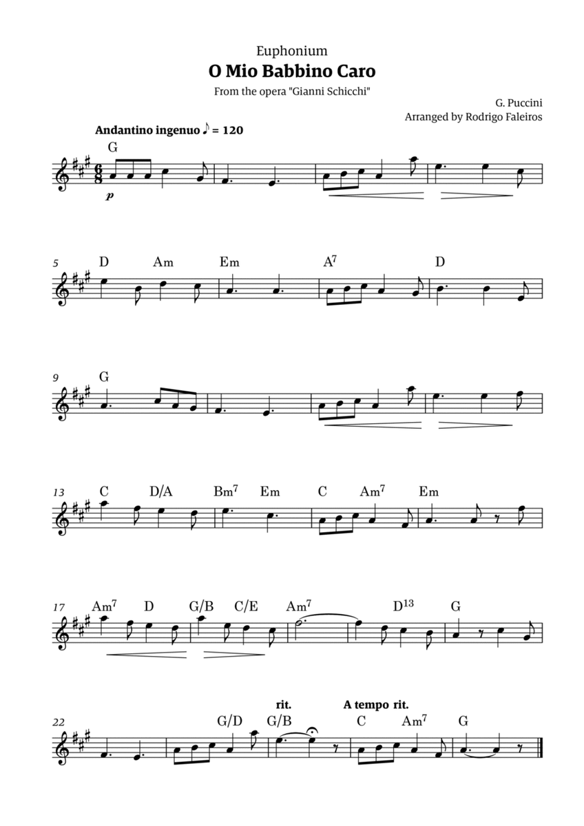 O Mio Babbino Caro - for euphonium solo (with chords) image number null