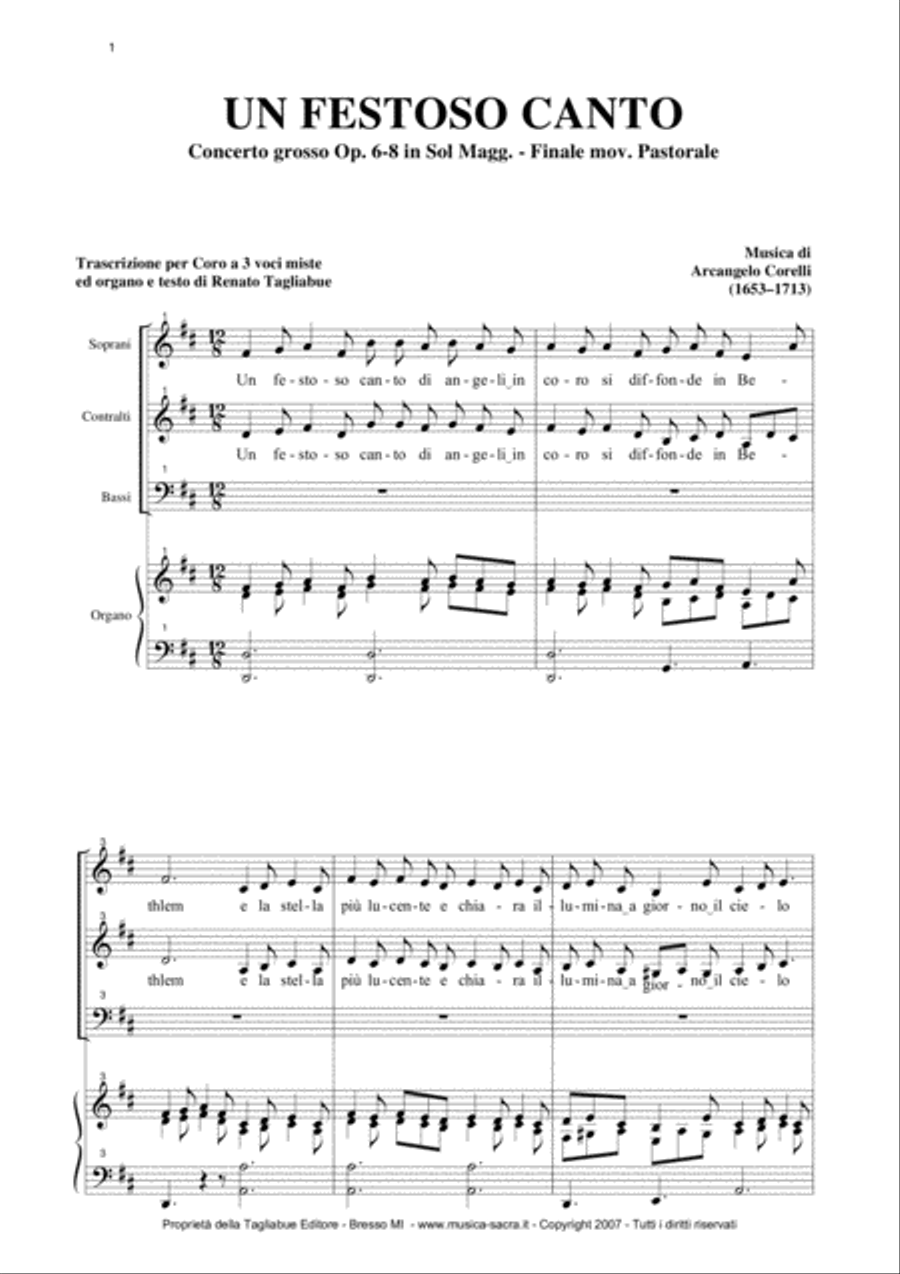 PASTORALE From: Concerto grosso Op. 6-8 - by A. Corelli - For SAB Choir and Organ in D Maior 3-Part scores gallery preview page 1