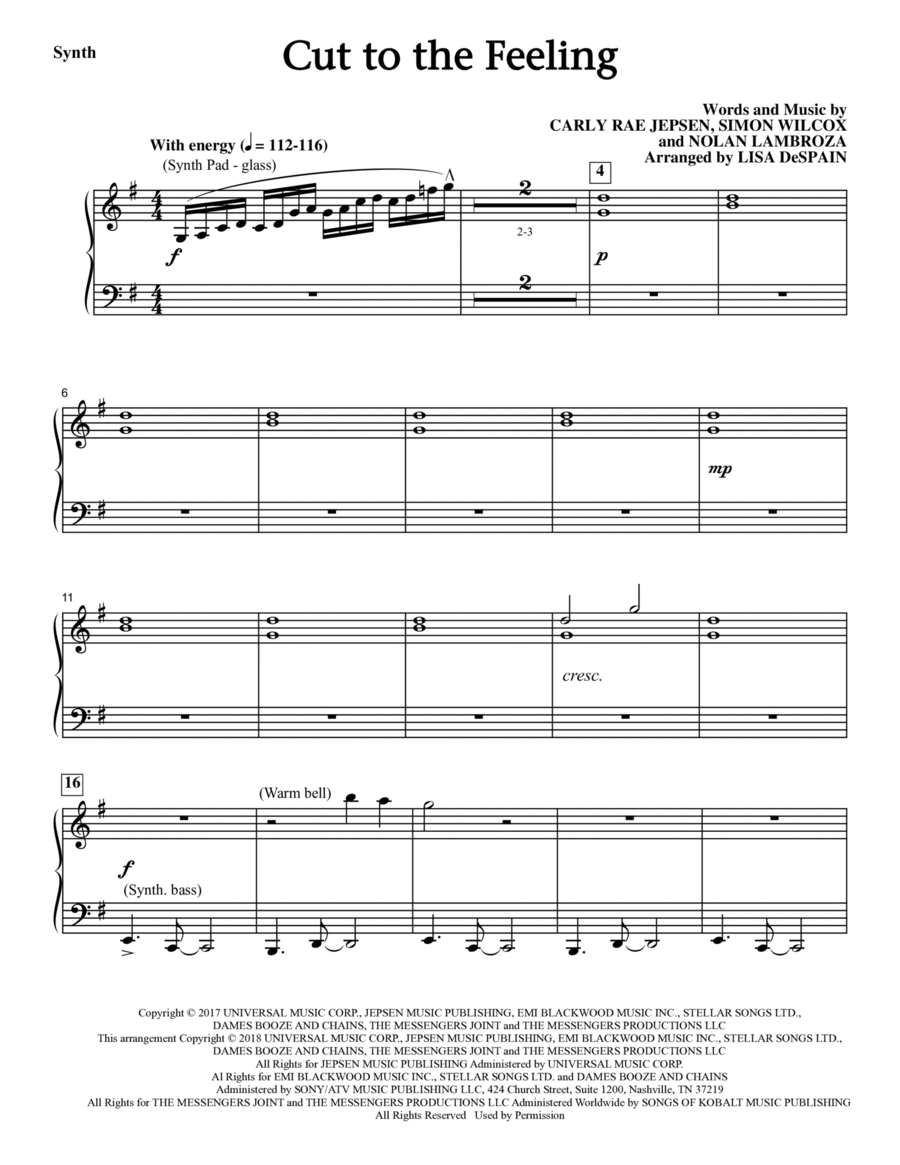 Cut To The Feeling - Synthesizer Choir scores gallery preview page 1