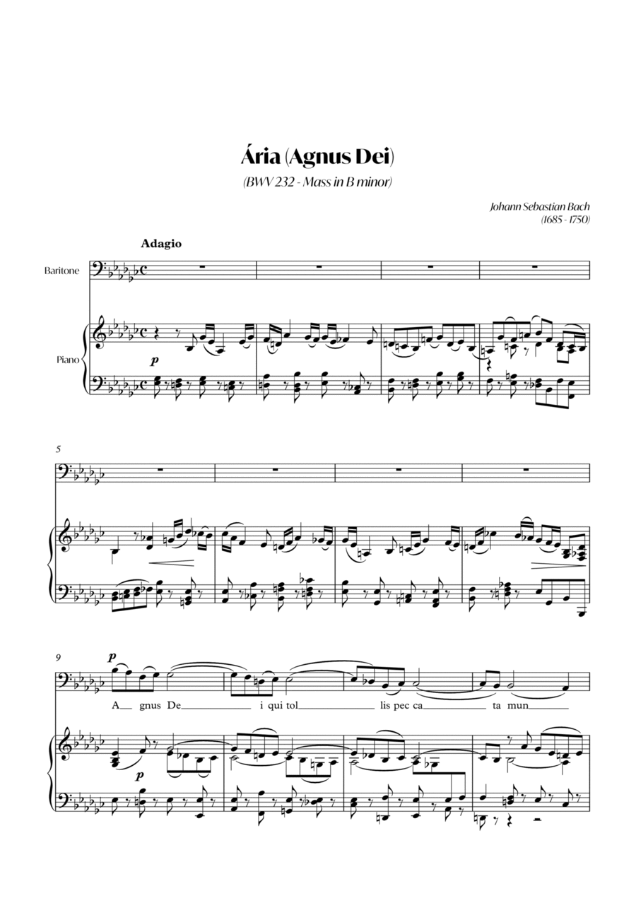 Aria (Agnus dei) from the Mass in B Minor (BACH) - Baritone_Ebm Piano, Vocal, Guitar scores gallery preview page 1