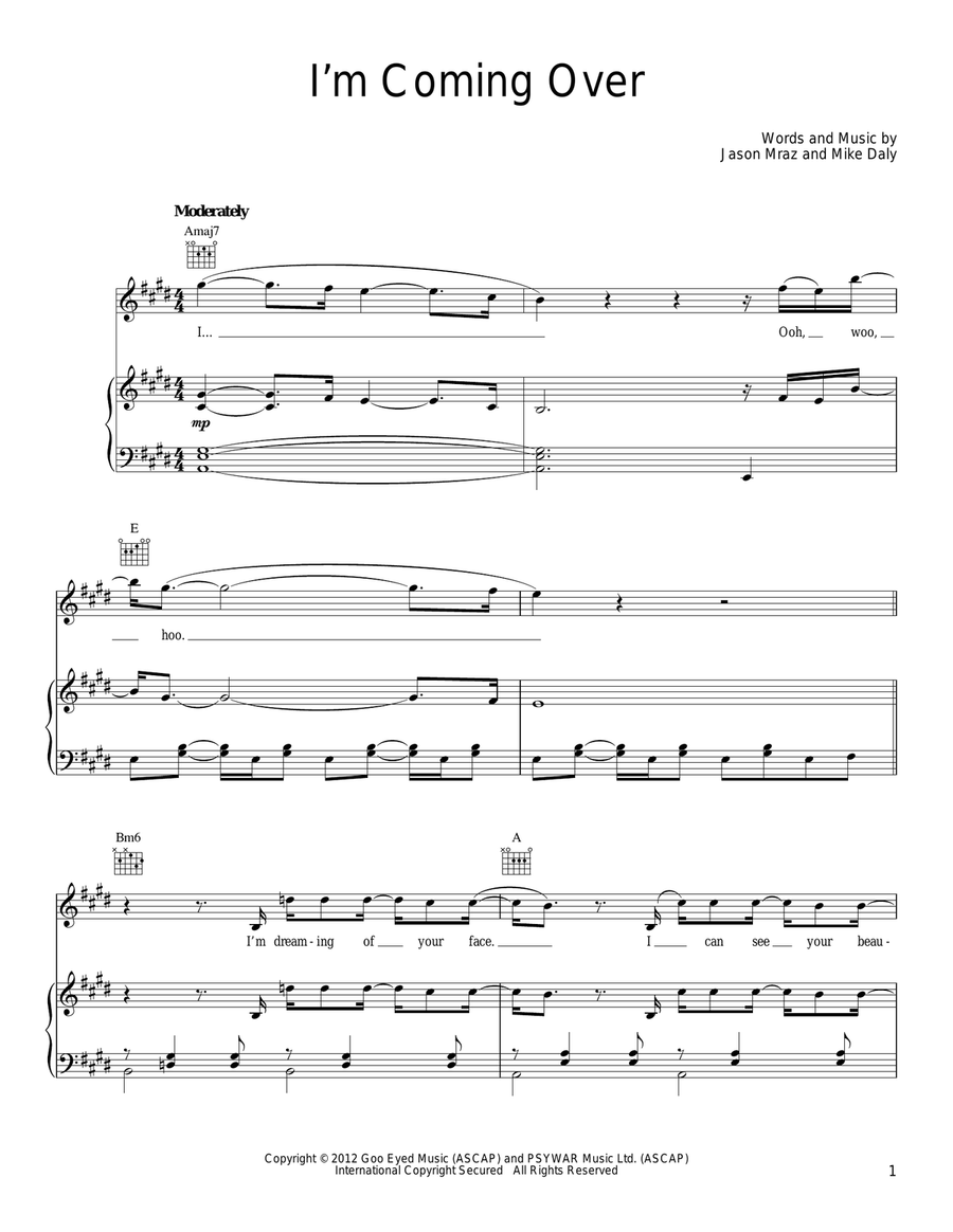 I'm Coming Over Piano, Vocal, Guitar scores gallery preview page 1