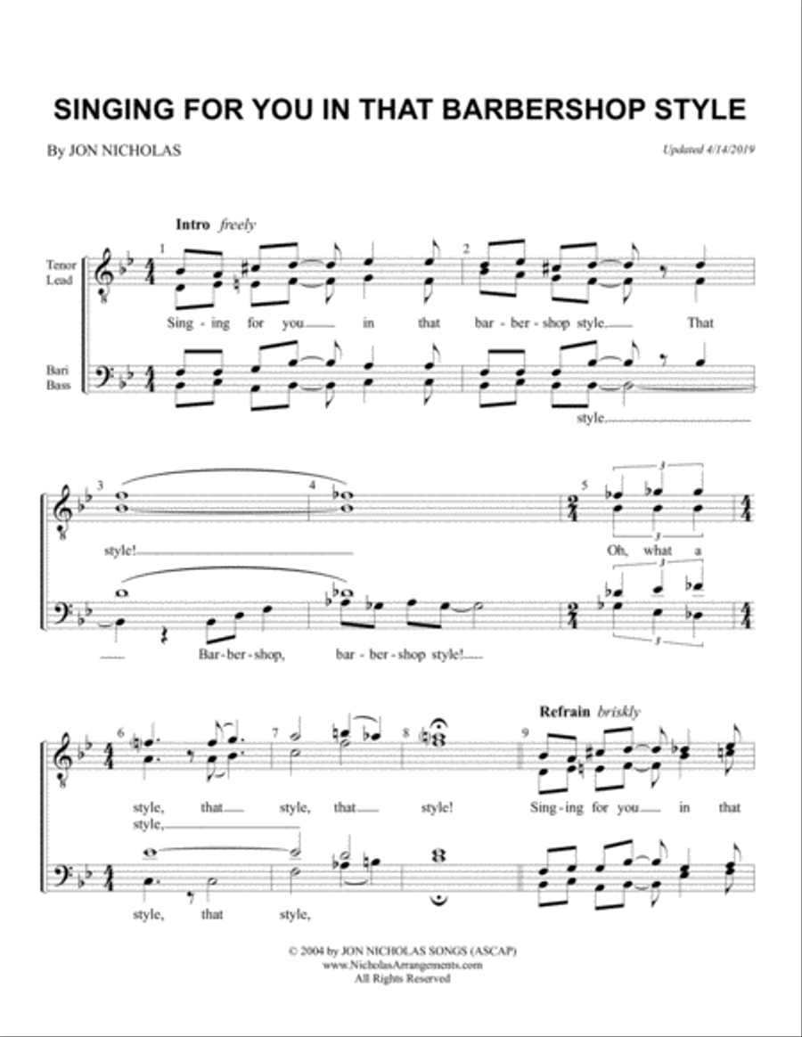 Singing For You In That Barbershop Style TTBB scores gallery preview page 1