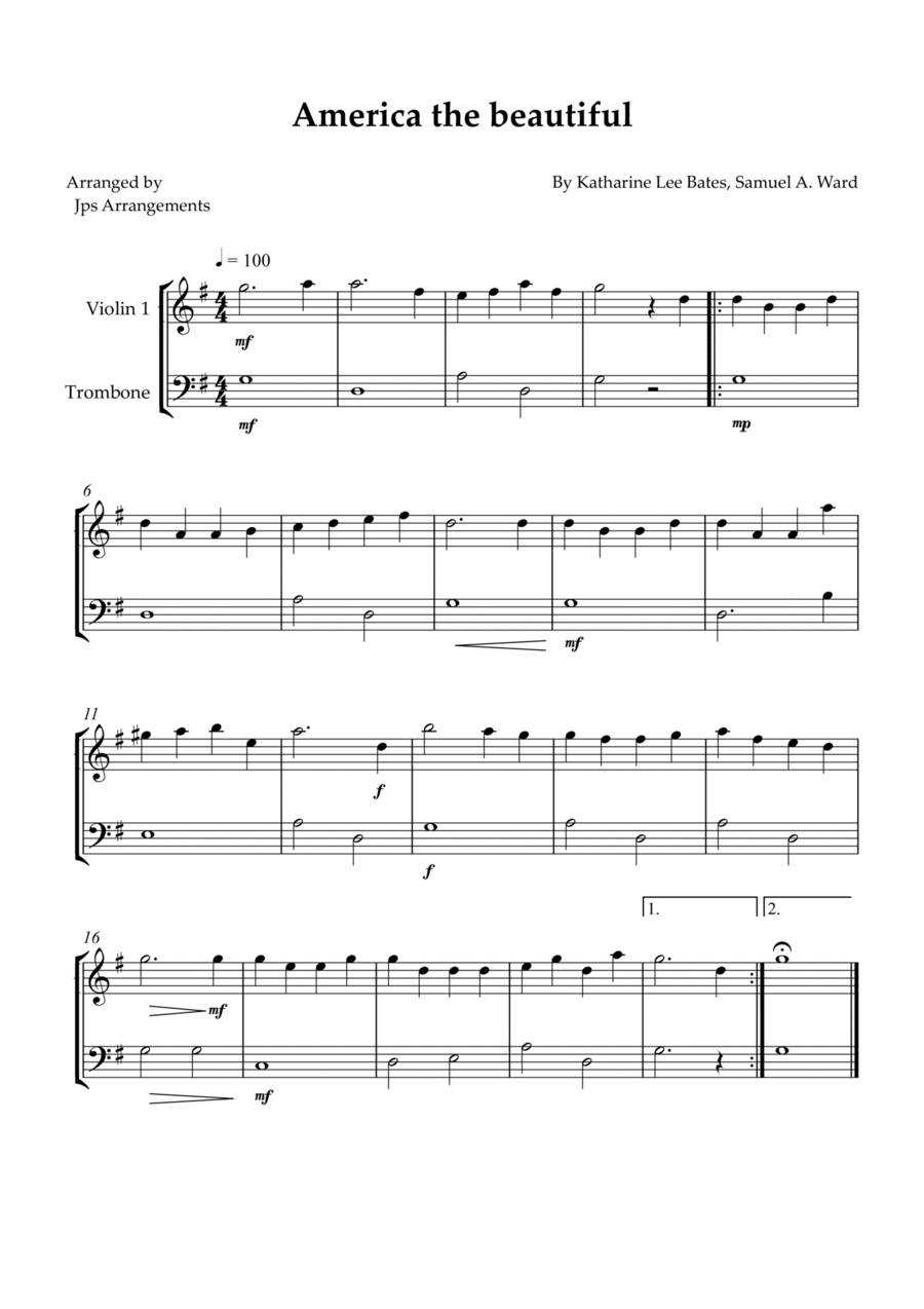 America The Beautiful - duet for Violin and Trombone Trombone scores gallery preview page 1