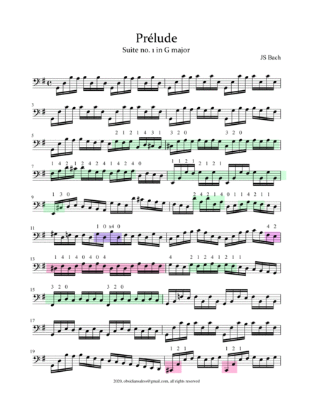 Bach: Prelude / Cello Suite no. 1/ Coloured Fingering Guide