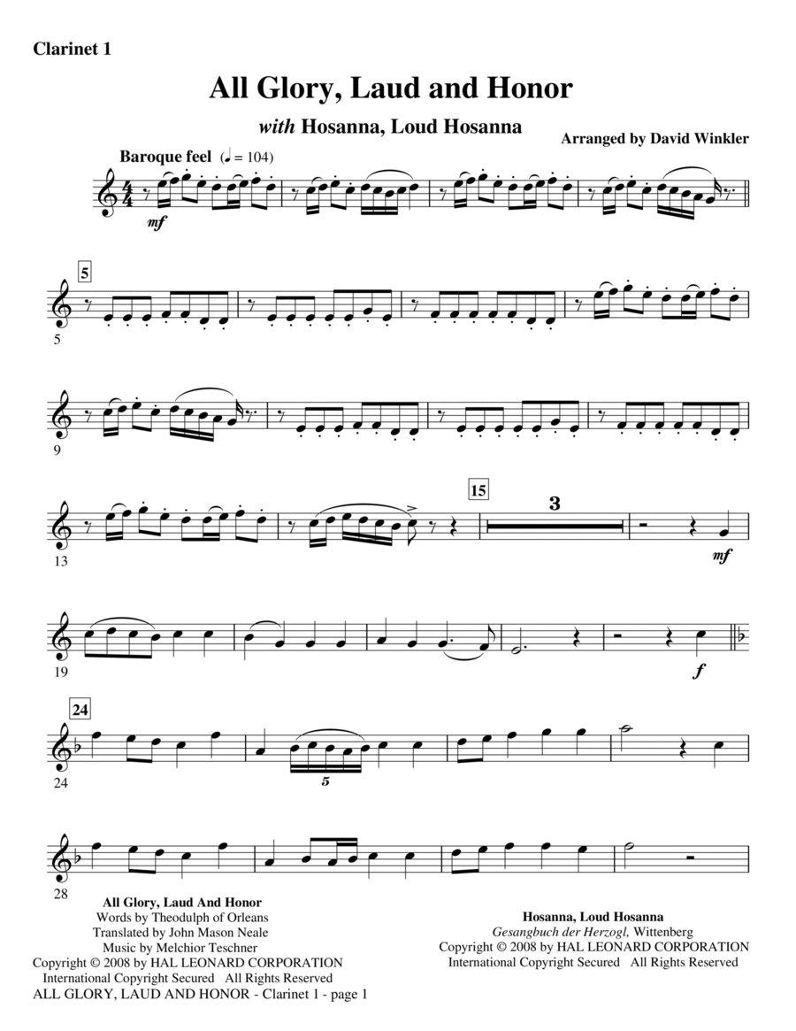 All Glory, Laud, And Honor (with Hosanna, Loud Hosanna) - Bb Clarinet 1 B-Flat Clarinet scores gallery preview page 1