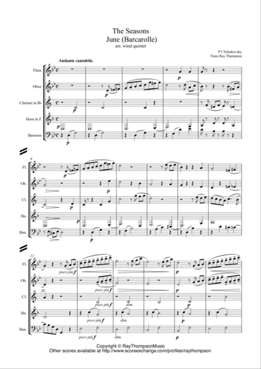 Tchaikovsky: The Seasons Op.37a No.6 June (Barcarolle) - wind quintet Woodwind Quintet scores gallery preview page 1