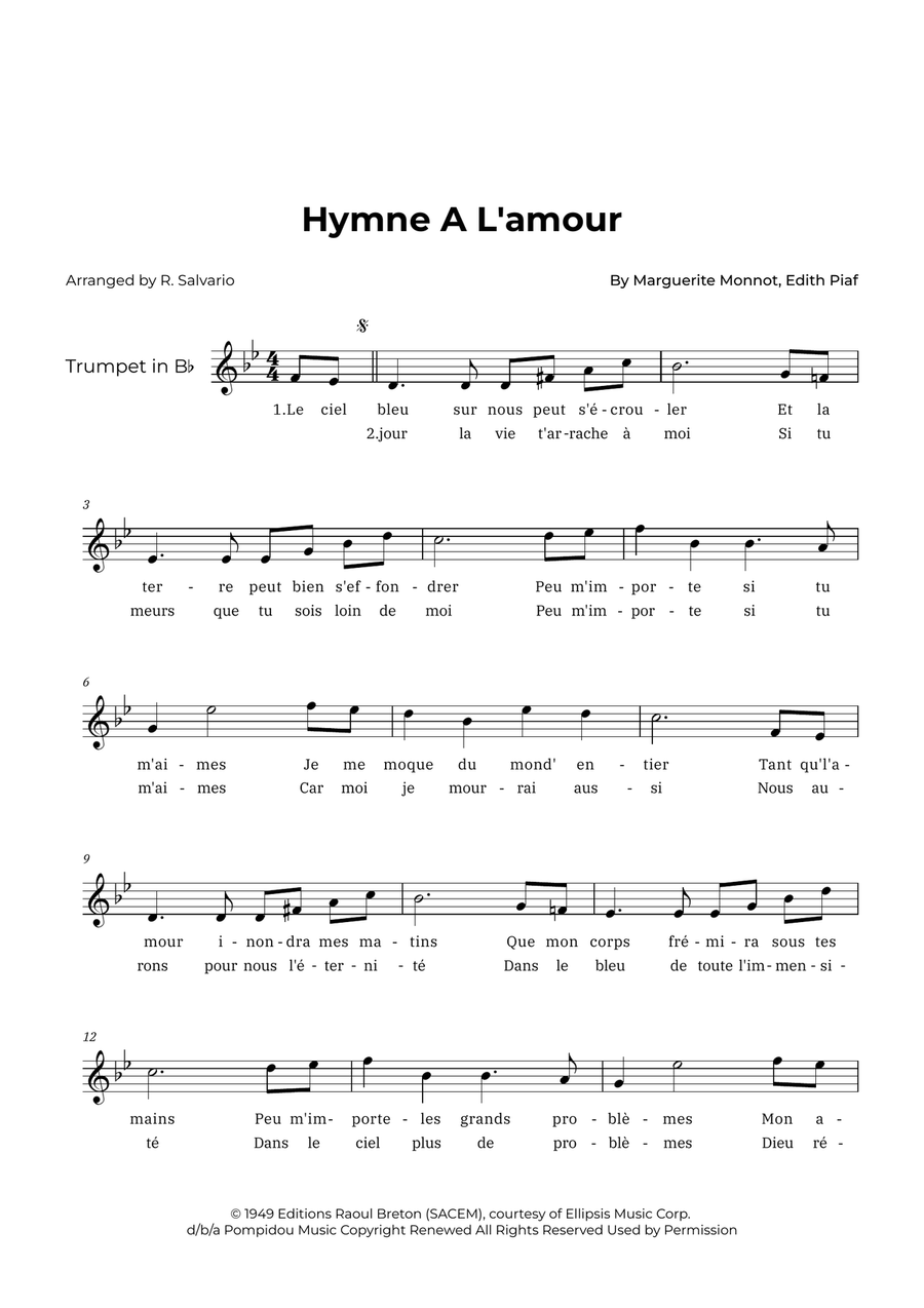 Hymne A L'amour Hymne A L'amour Piano scores gallery preview page 1