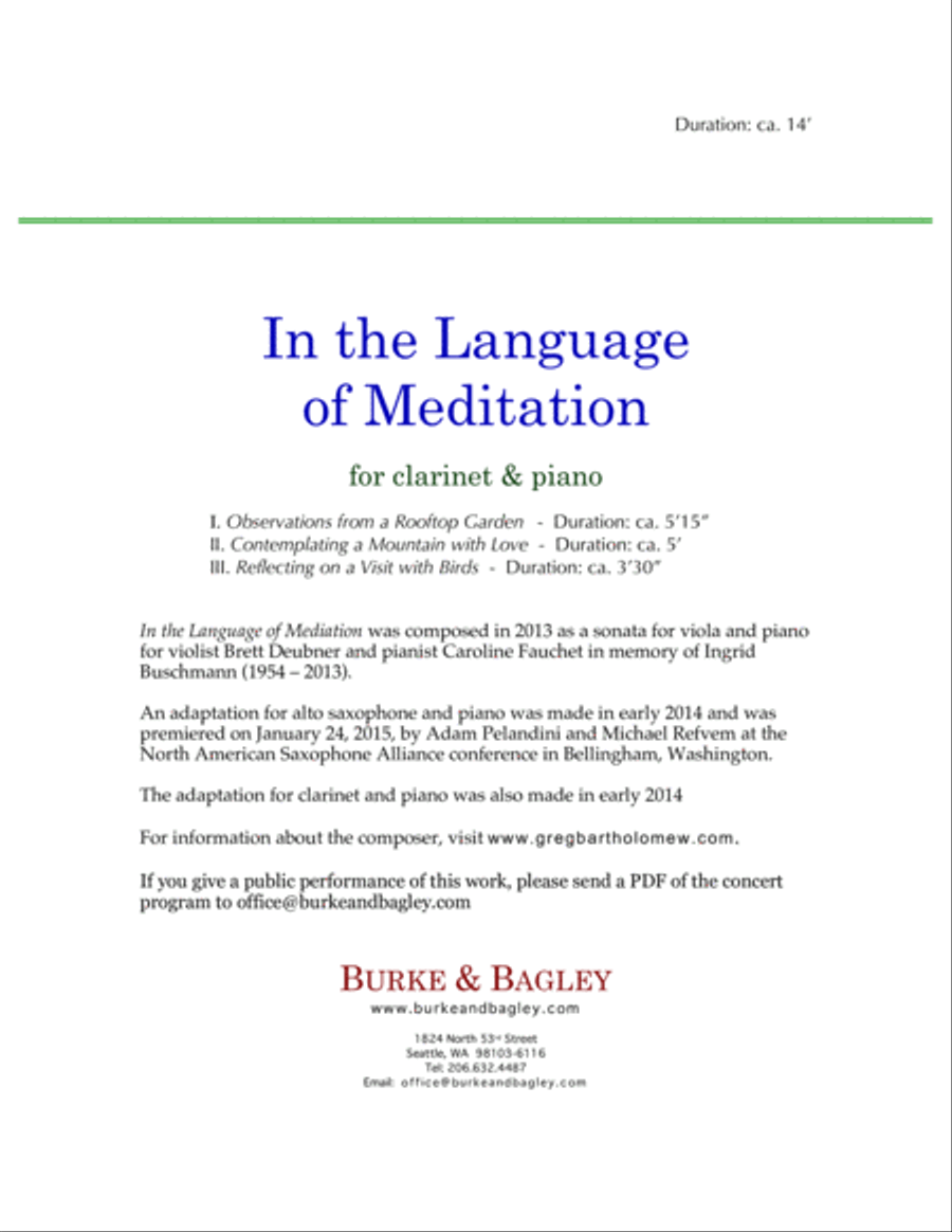 In the Language of Meditation for clarinet & piano Clarinet Solo scores gallery preview page 2