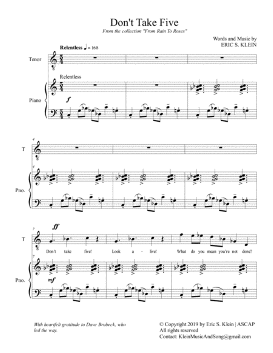 Don't Take Five Tenor Voice scores gallery preview page 1