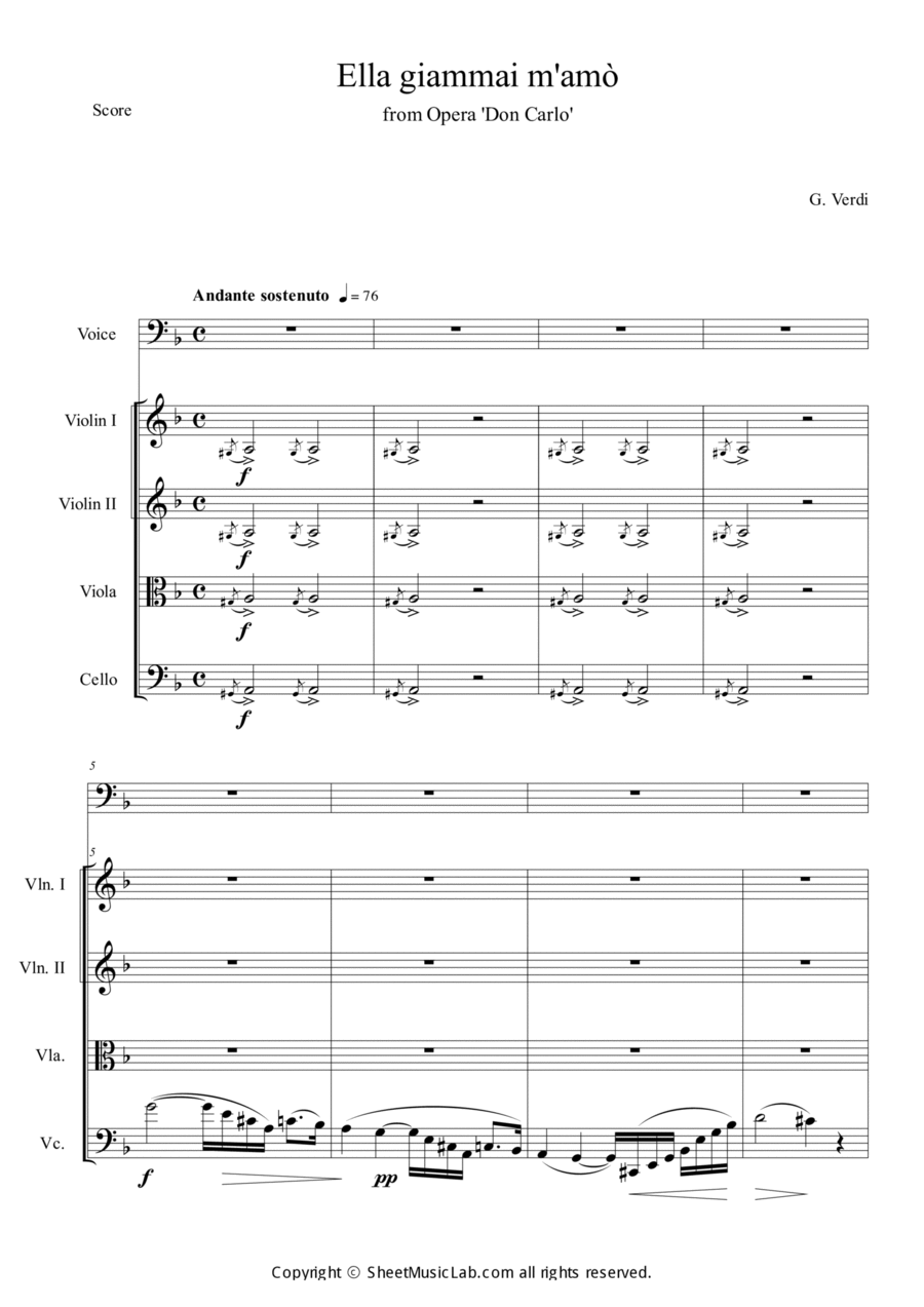 Ella Giammai M'amo (from Don Carlo) String Quartet scores gallery preview page 1