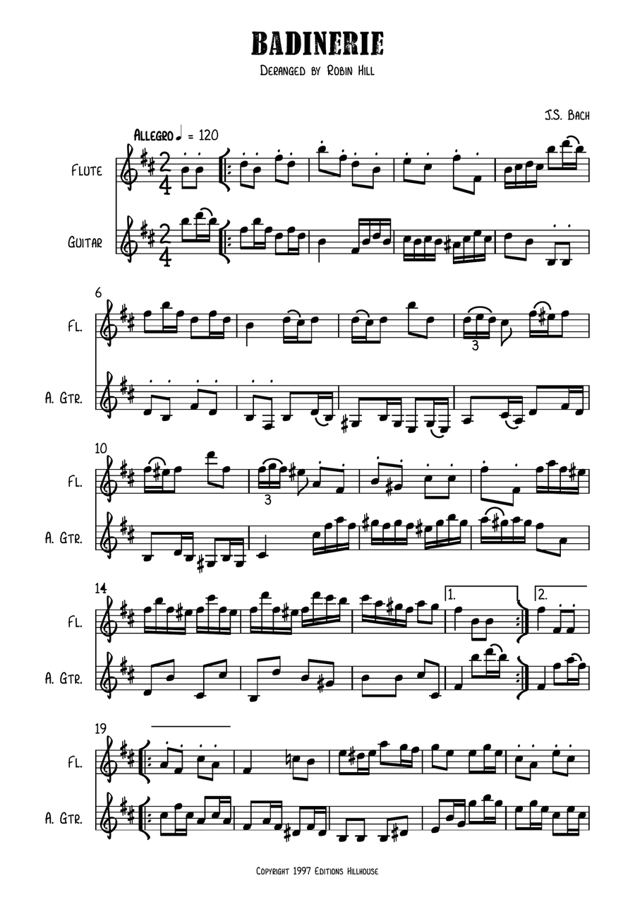 Badinerie for flute and guitar Flute scores gallery preview page 1