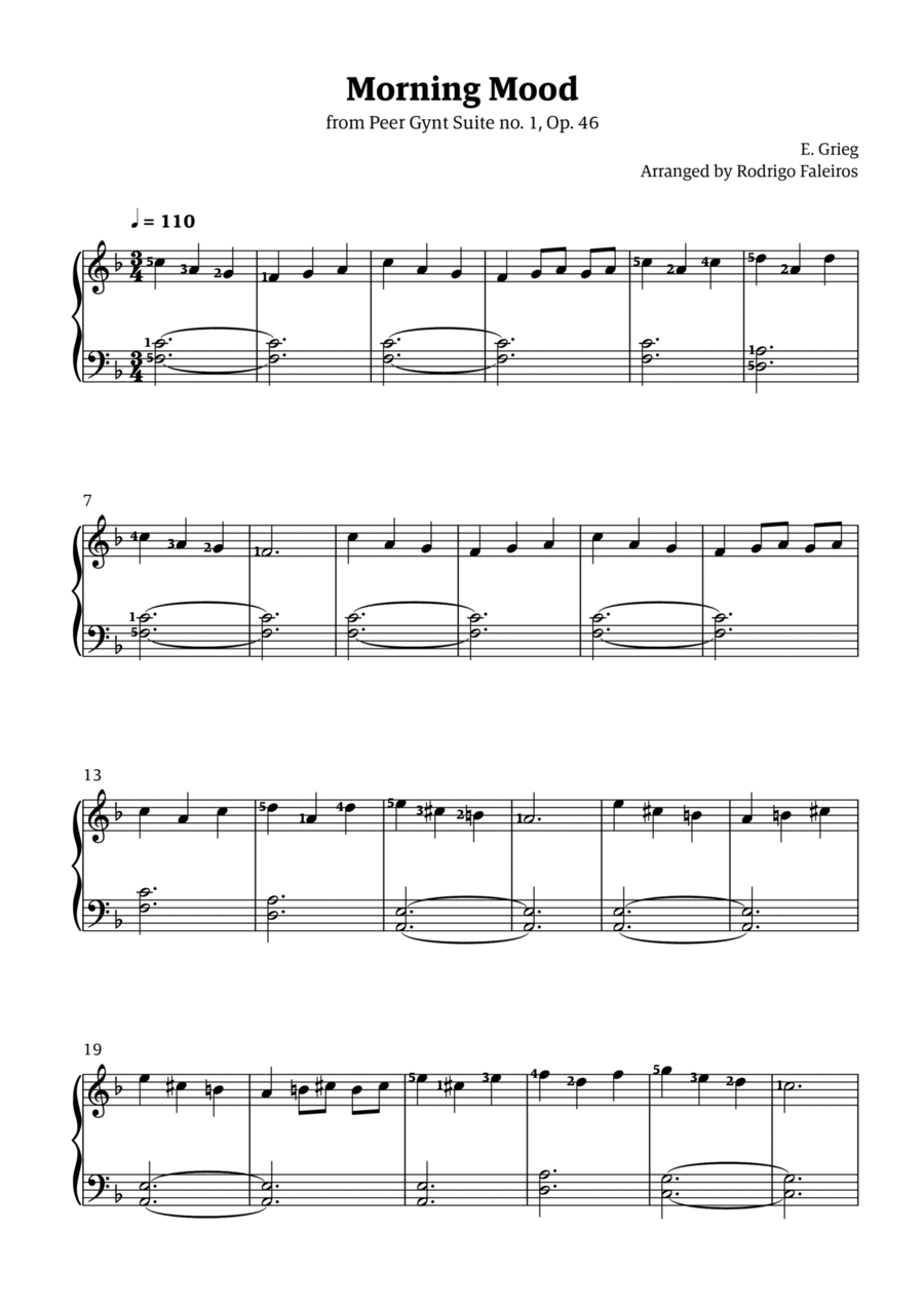 Morning Mood (easy piano - intermediate level 2 - with fingerings) Easy Piano scores gallery preview page 1