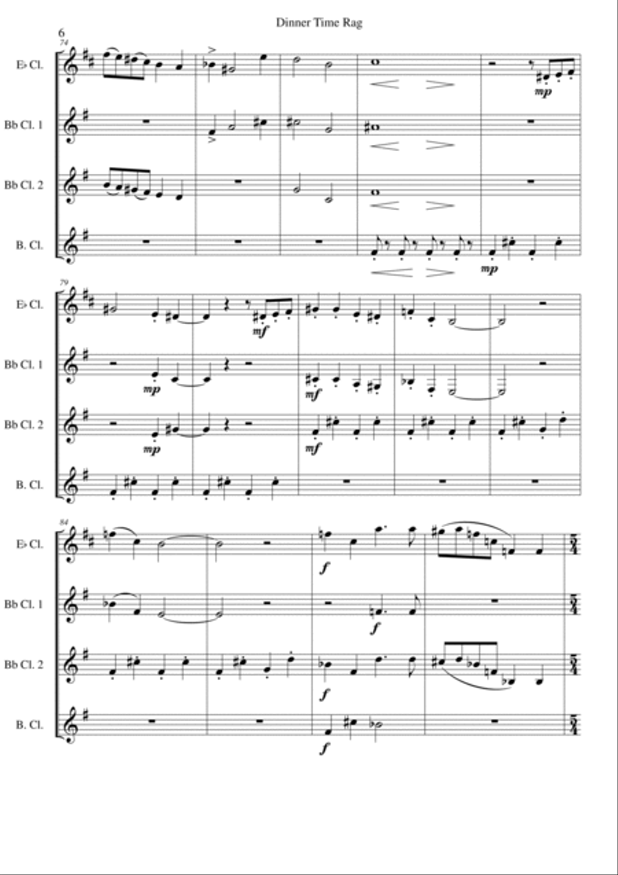 Dinner Time Rag for clarinet quartet (1 E-flat Clarinet, 2 B-flat clarinets, 1 bass clarinet) Clarinet Quartet scores gallery preview page 6