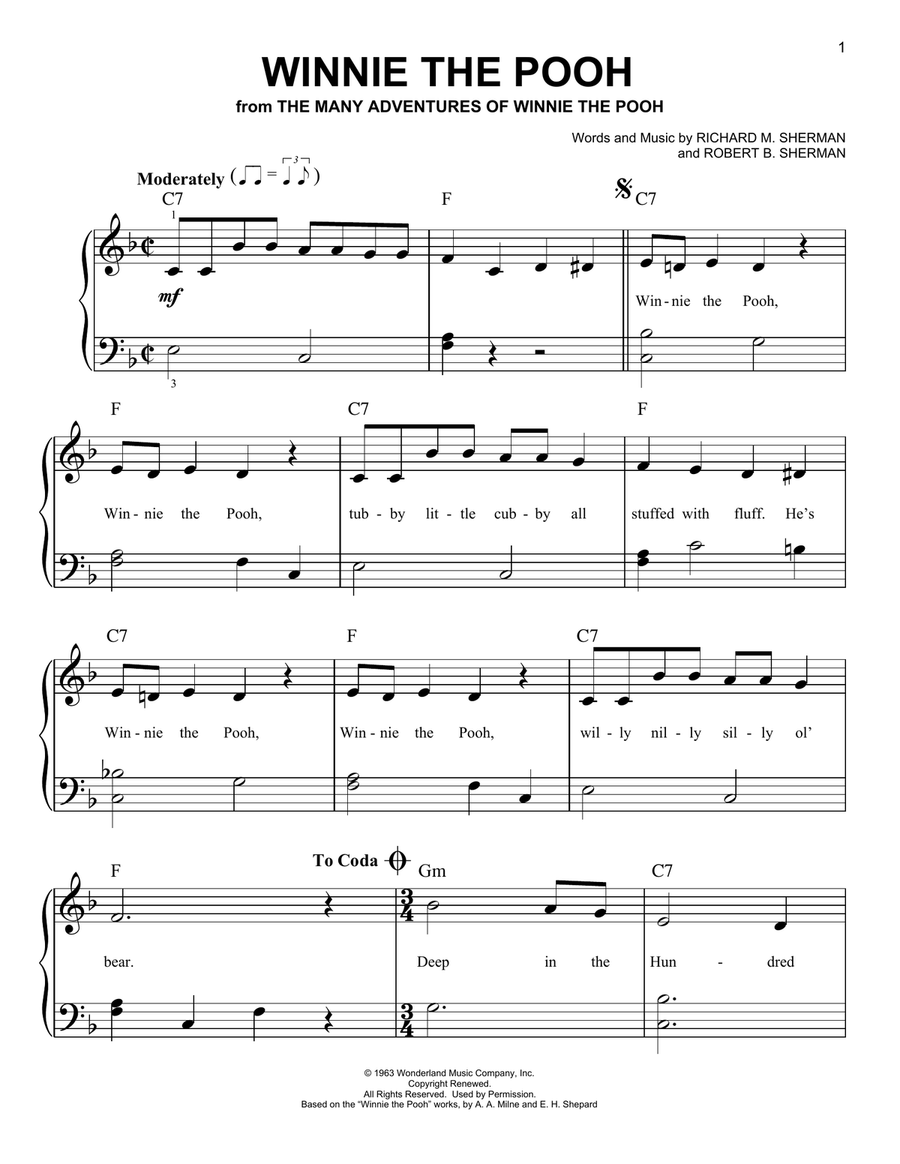 Winnie The Pooh (from The Many Adventures Of Winnie The Pooh) Easy Piano scores gallery preview page 1