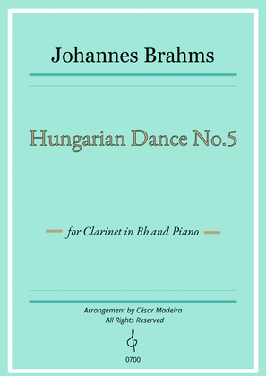 Book cover for Hungarian Dance No.5 by Brahms - Bb Clarinet and Piano (Full Score and Parts)