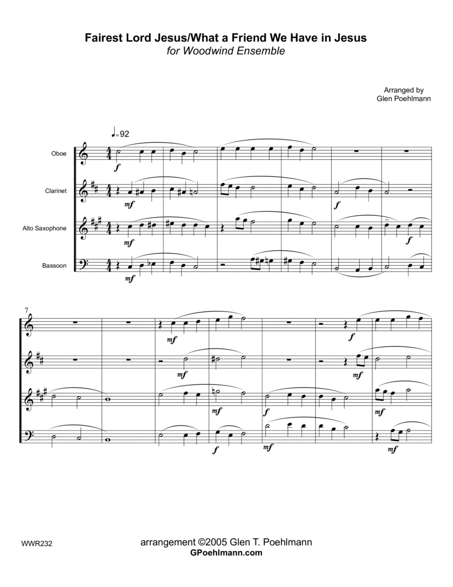 FAIREST LORD JESUS/WHAT A FRIEND WE HAVE IN JESUS - Oboe (or Flute), Clarinet, Alto Sax & Bassoon Woodwind Quartet scores gallery preview page 1