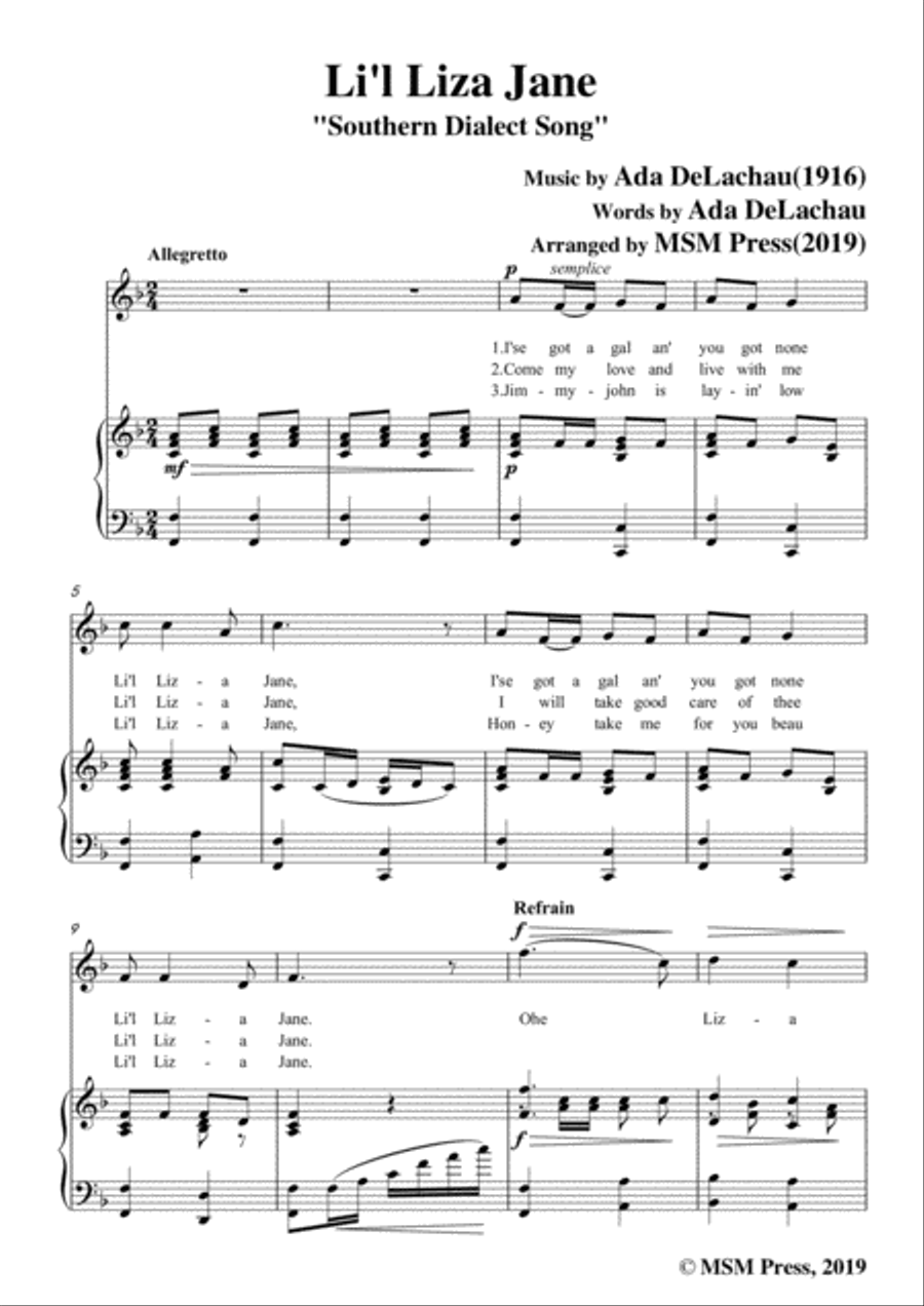 Ada DeLachau-Li'l Liza Jane,in F Major,for Voice and Piano Voice Solo scores gallery preview page 3