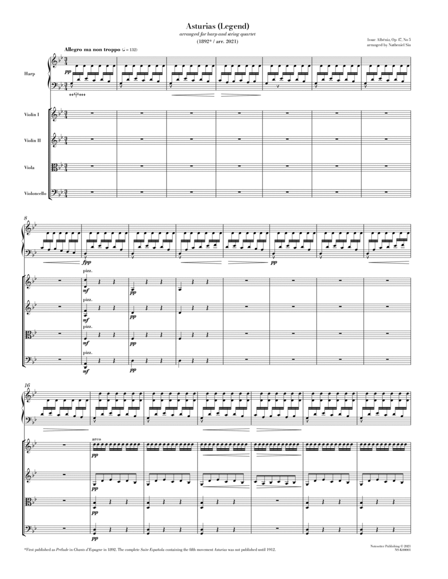 Albéniz: Asturias (Legend) (arr. for harp and string quartet) String Orchestra scores gallery preview page 1