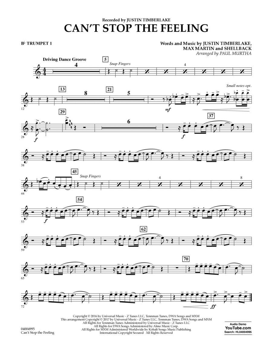 Can't Stop the Feeling - Bb Trumpet 1 Concert Band scores gallery preview page 1