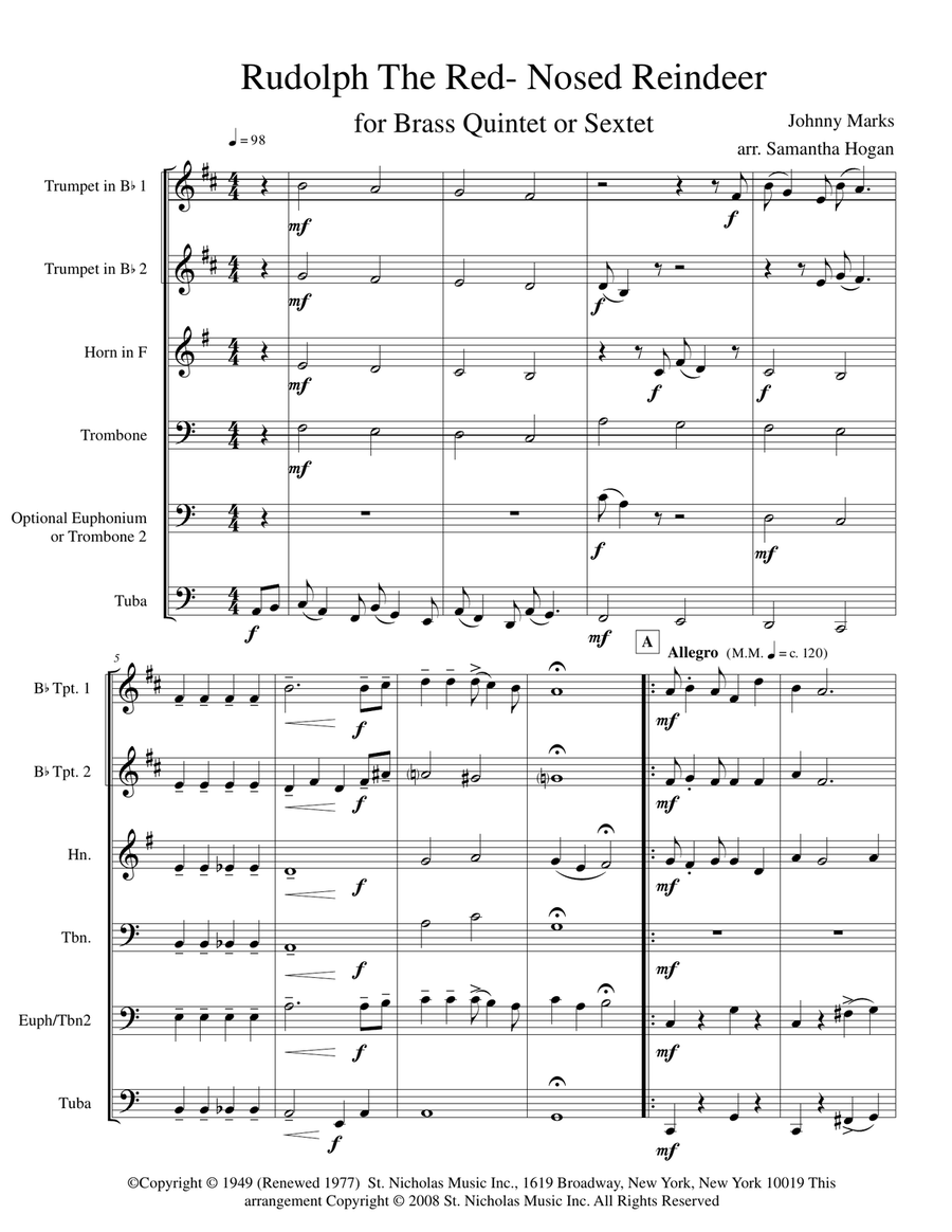 Rudolph The Red-nosed Reindeer Brass Ensemble scores gallery preview page 2