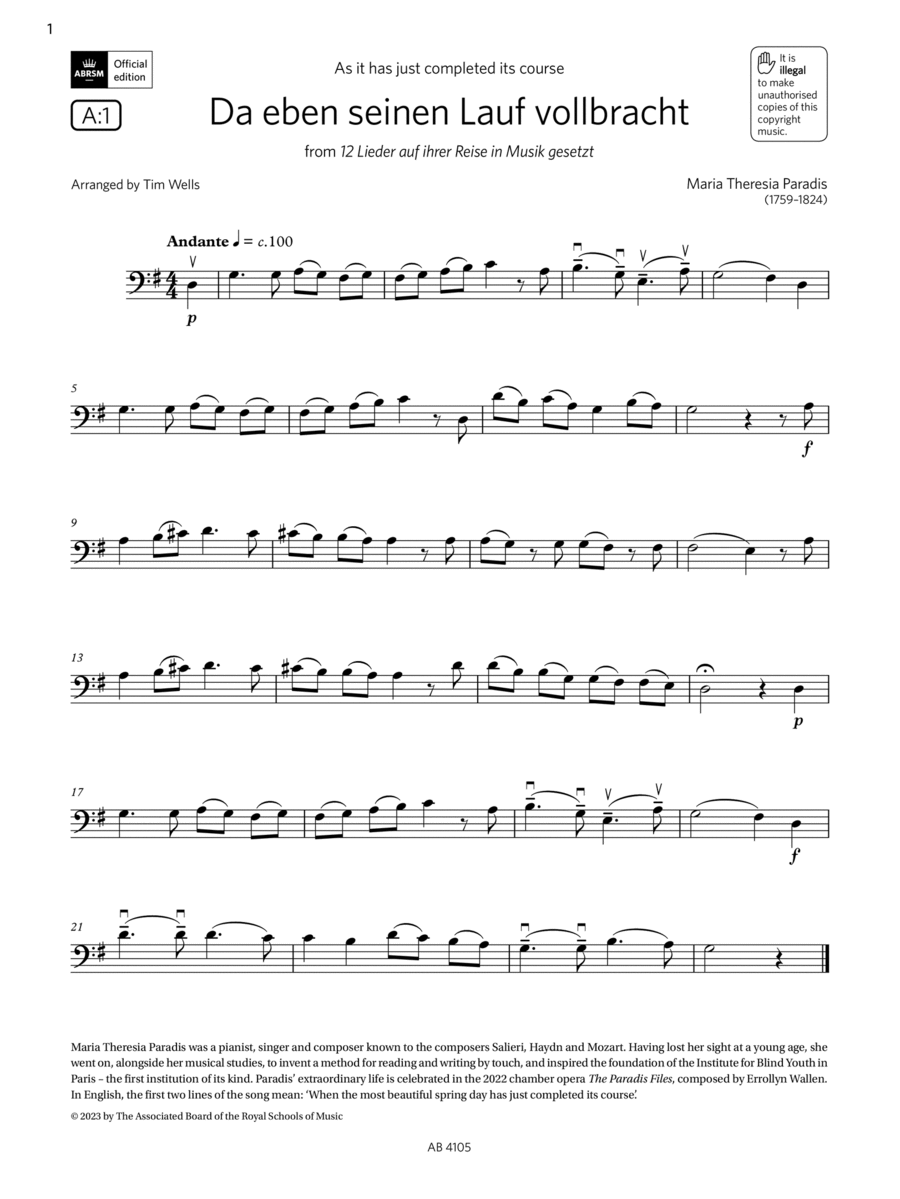 Da eben seinen Lauf volbracht (Grade 2, A1, from the ABRSM Cello Syllabus from 2024)