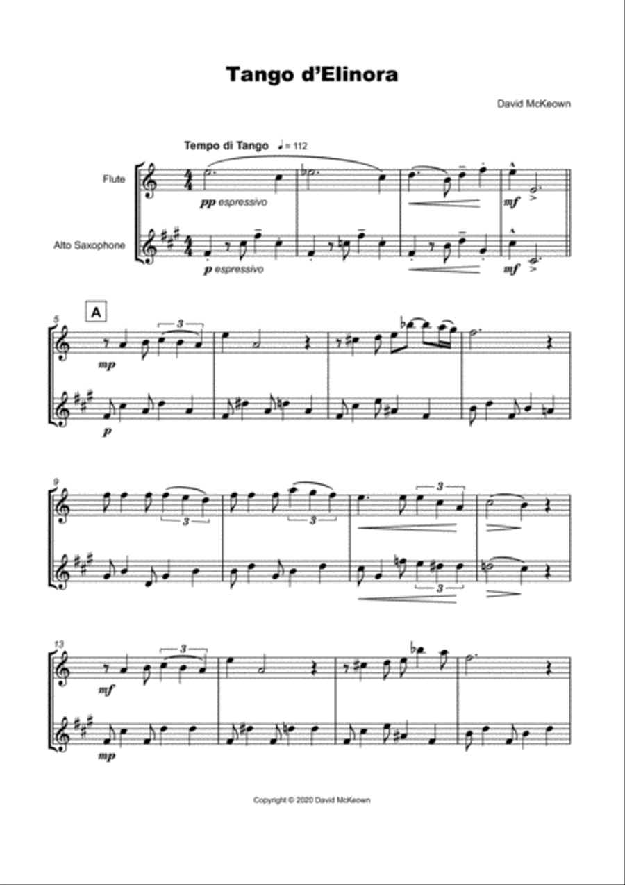 Tango d'Elinora, for Flute and Alto Saxophone Duet