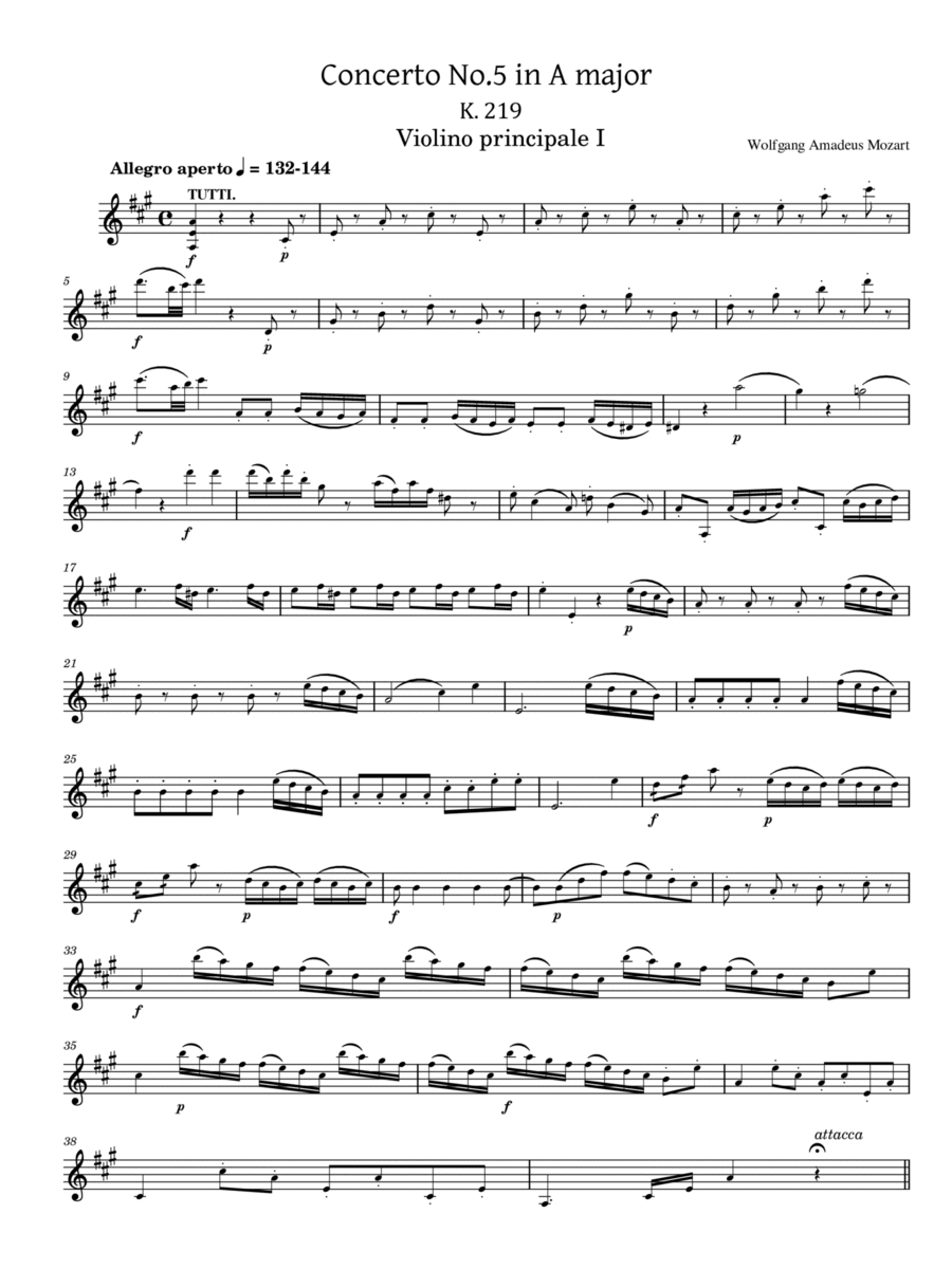 Mozart - Violin Concerto No.5 in A major, K.219 Violino principale - Original With Fingered Violin Solo scores gallery preview page 1