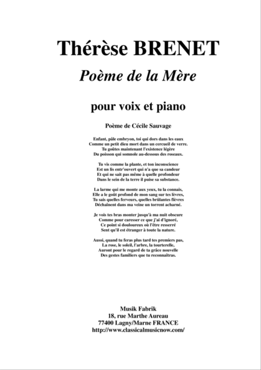 Therese Brenet : Poeme de la Mere for medium voice and piano Medium Voice scores gallery preview page 1