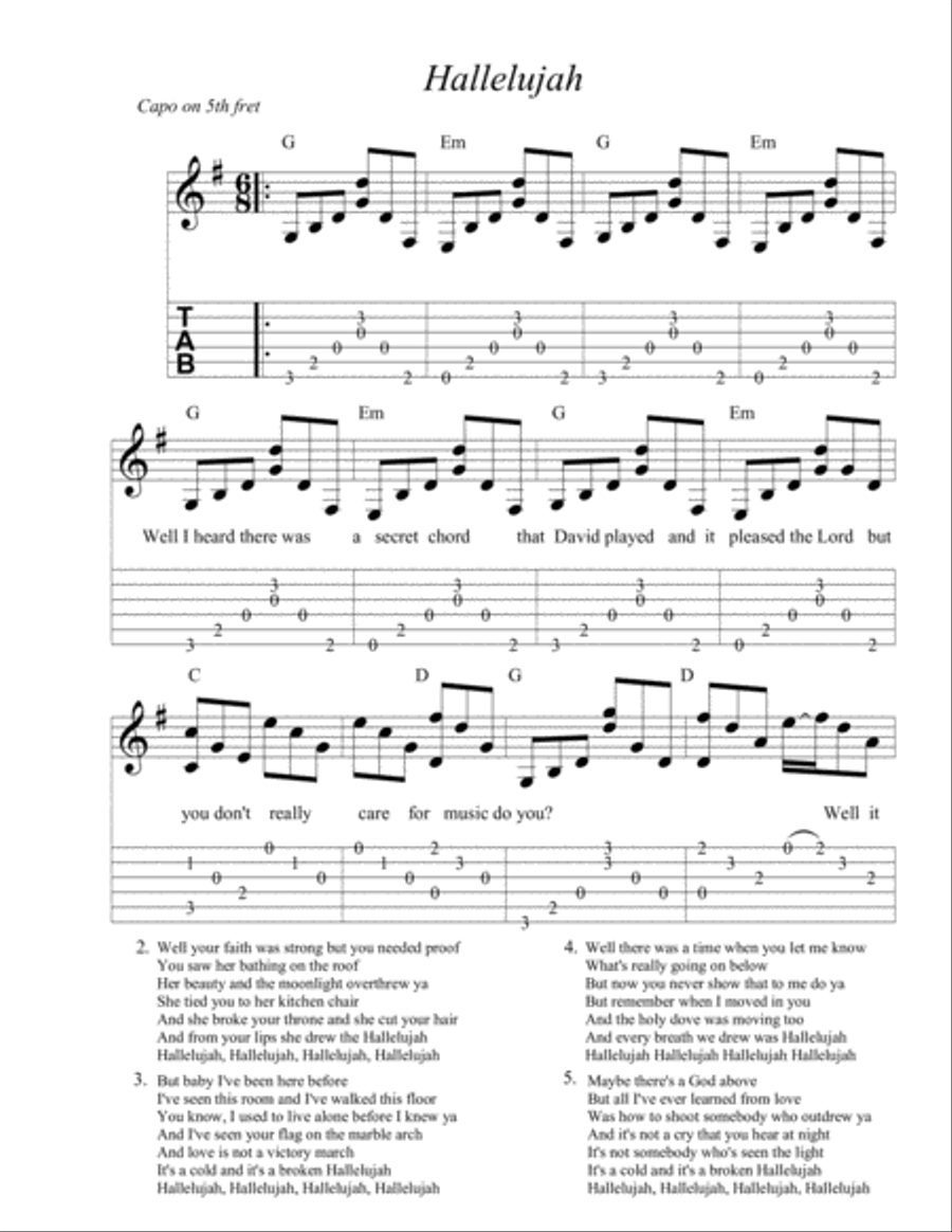 Hallelujah Guitar Tablature scores gallery preview page 1