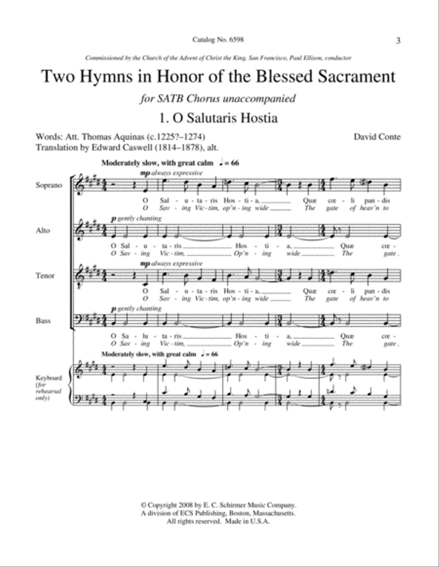 Two Hymns in Honor of the Blessed Sacrament: O Salutaris hostia- Tantum Ergo 4-Part scores gallery preview page 3