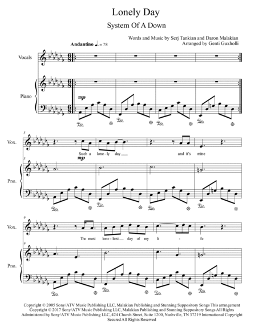 Lonely Day by System of a Down Voice Digital Sheet Music