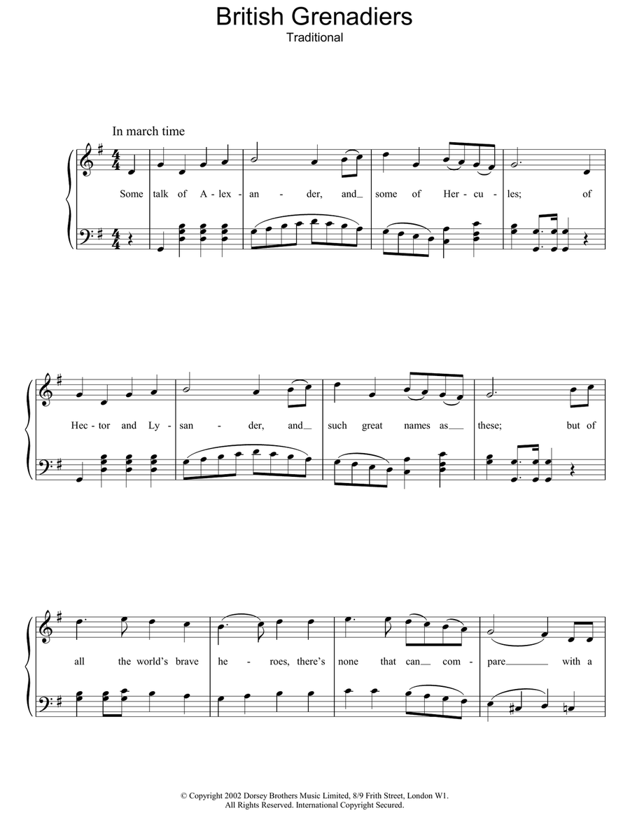 British Grenadiers Piano, Vocal, Guitar scores gallery preview page 1
