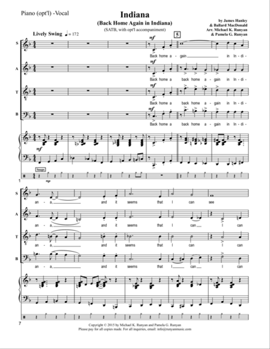 Indiana (Back Home Again in Indiana) (opt'l accomp. for SATB Swing ver.) 4-Part scores gallery preview page 1