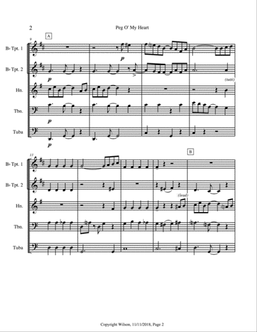 Peg O' My Heart Brass Quintet scores gallery preview page 3