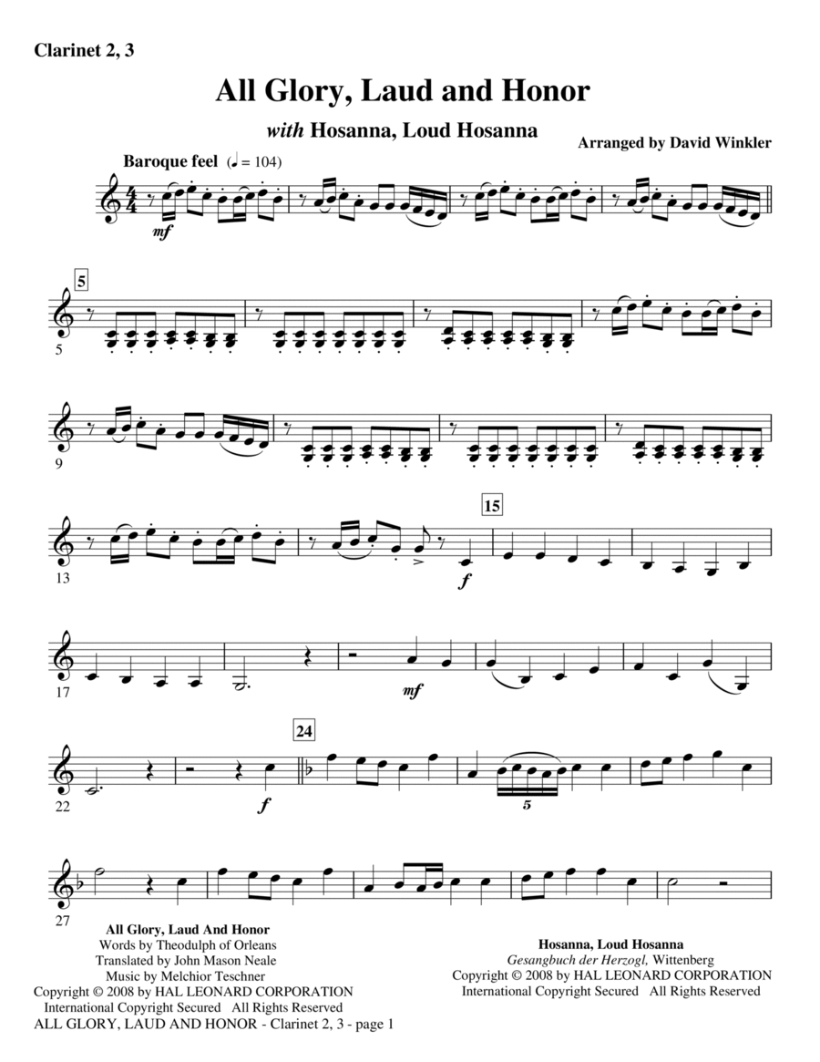 All Glory, Laud, And Honor (with Hosanna, Loud Hosanna) - Bb Clarinet 2,3 B-Flat Clarinet scores gallery preview page 1