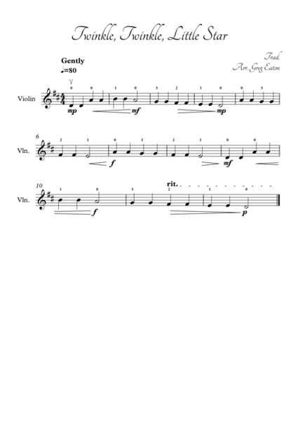 Twinkle, Twinkle, Little Star. Arranged for solo stringed instrument (violin, viola or cello) and pi image number null